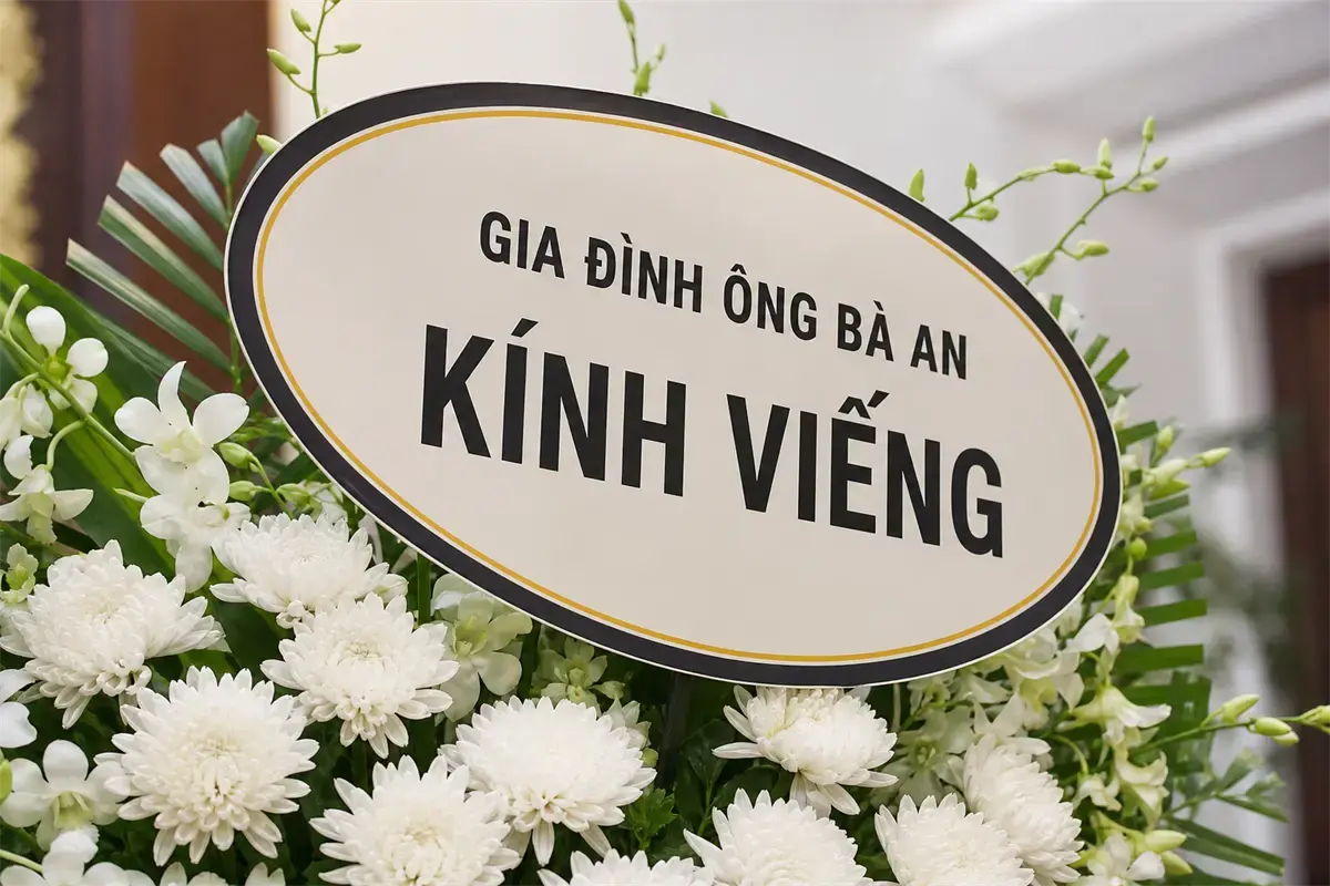 Tấm bảng kính viếng hình bầu dục gắn trên kệ hoa, ghi tên gia đình người gửi và chữ kính viếng