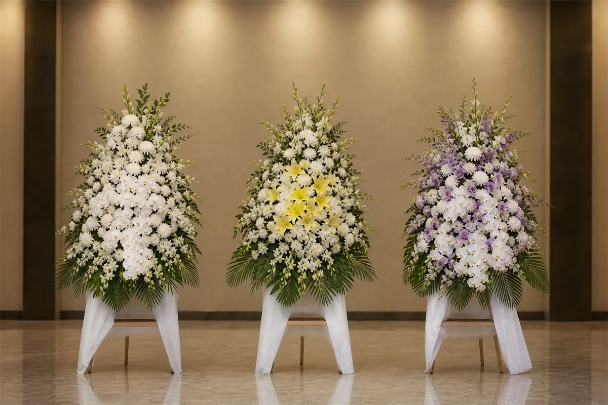 Ba kệ hoa viếng cùng dáng đặt cạnh nhau: một kệ tông trắng thuần, một kệ trắng phối vàng, một kệ trắng phối tím nhạt