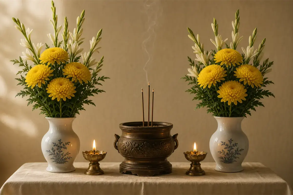 Bàn thờ vong người mới mất với hai bình hoa cúc vàng xen huệ trắng đặt hai bên, bát hương đồng cắm ba nén nhang đang cháy ở giữa