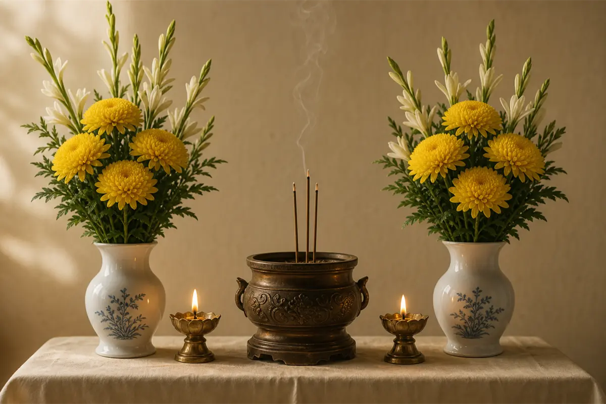 Bàn thờ vong người mới mất với hai bình hoa cúc vàng xen huệ trắng đặt hai bên, bát hương đồng cắm ba nén nhang đang cháy ở giữa