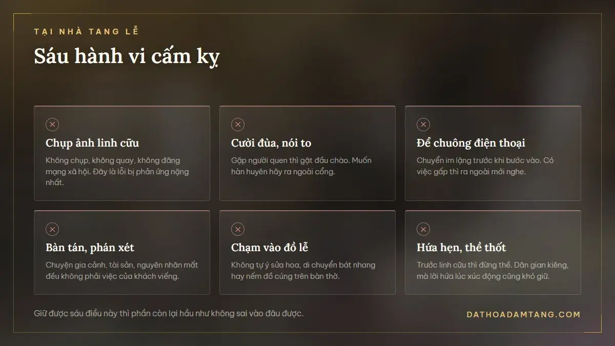 Sáu hành vi cấm kỵ tại nhà tang lễ: chụp ảnh linh cữu, cười đùa, để chuông điện thoại, bàn tán, chạm đồ lễ, hứa hẹn thề thốt